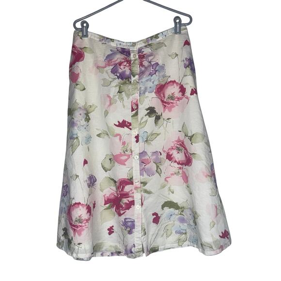 Vintage Linen White Pink Floral Midi Skirt Womens 14 Button up Romantic Cottage - Picture 1 of 8